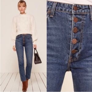 Reformation Petite Mid Rise Button Fly Jeans Baltic Wash Blue Women's Size 24